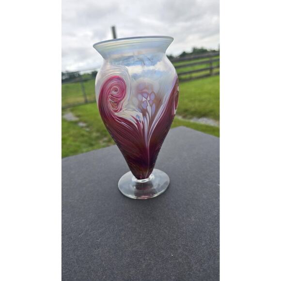 Ron Hinkle Art Glass Vase 2006 Iridescent Swirl Pedestal Signed Handmade Decor - Picture 2 of 12